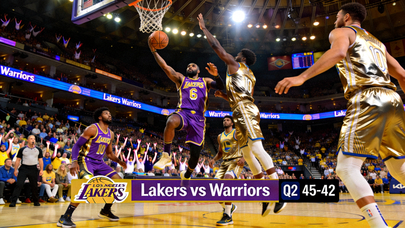 NBA篮球比赛现场直播画面，湖人队与勇士队激烈对抗